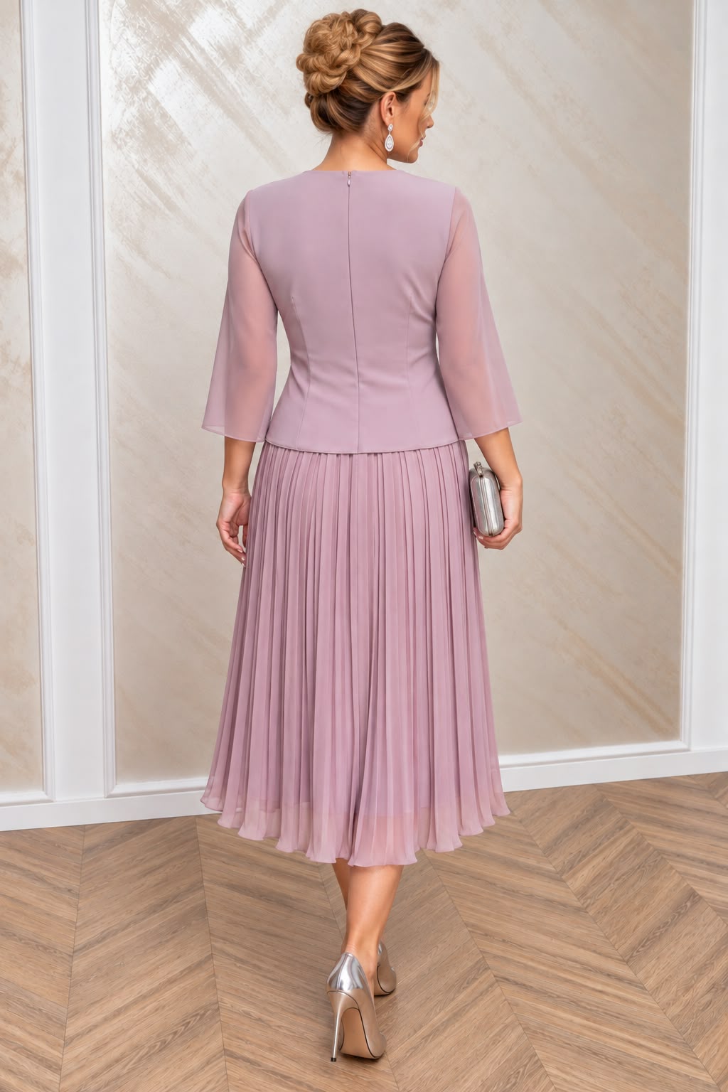 Rochie eleganta midi Vals din voal plisat cu maneci fluide