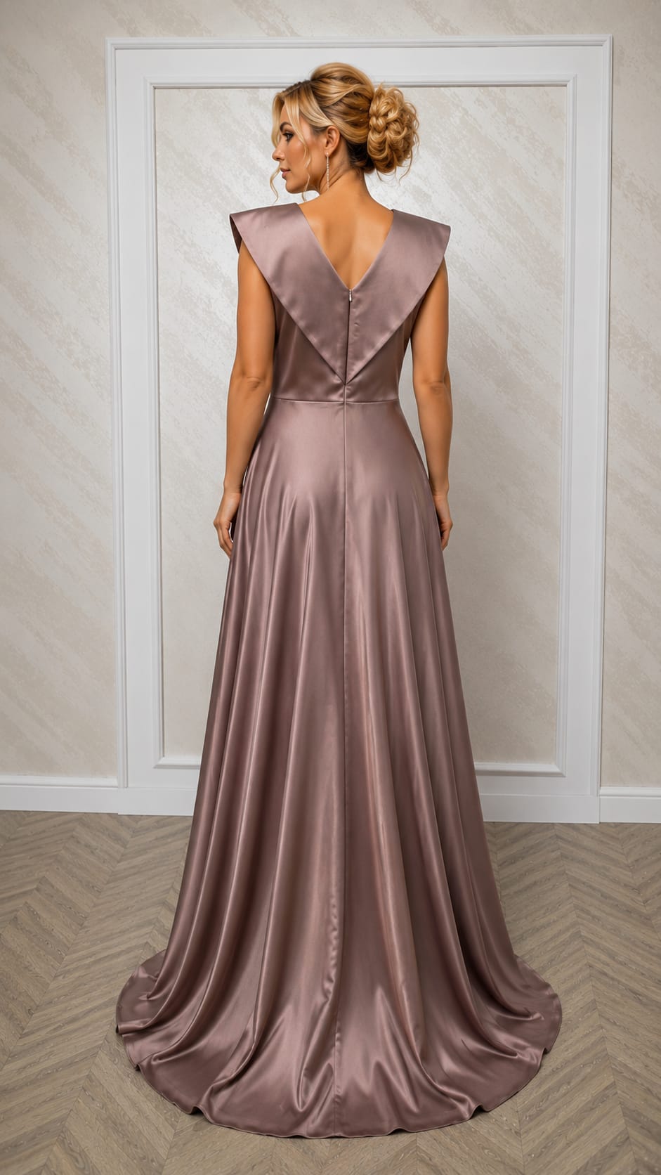 Rochia Lorena – Rochie eleganta lunga in nuante capuccino , negru , turcoaz din satin cu slit pe picior