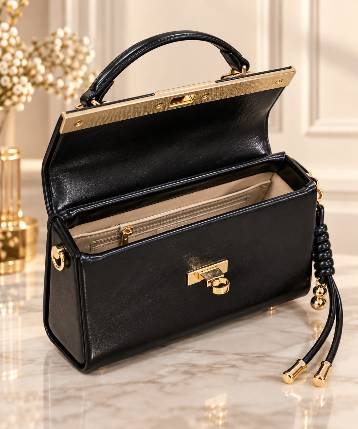 Geanta dama eleganta neagra cu accesorii aurii si maner