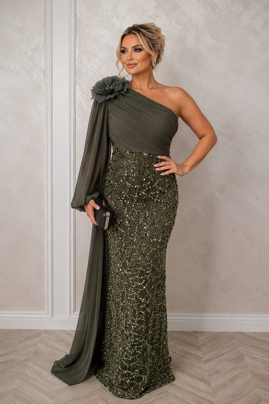 Rochia Elegance - rochie lunga neagra sau verde oliv-auriu couture cu paiete, esarfa si detalii premium. Perfecta pentru evenimente speciale