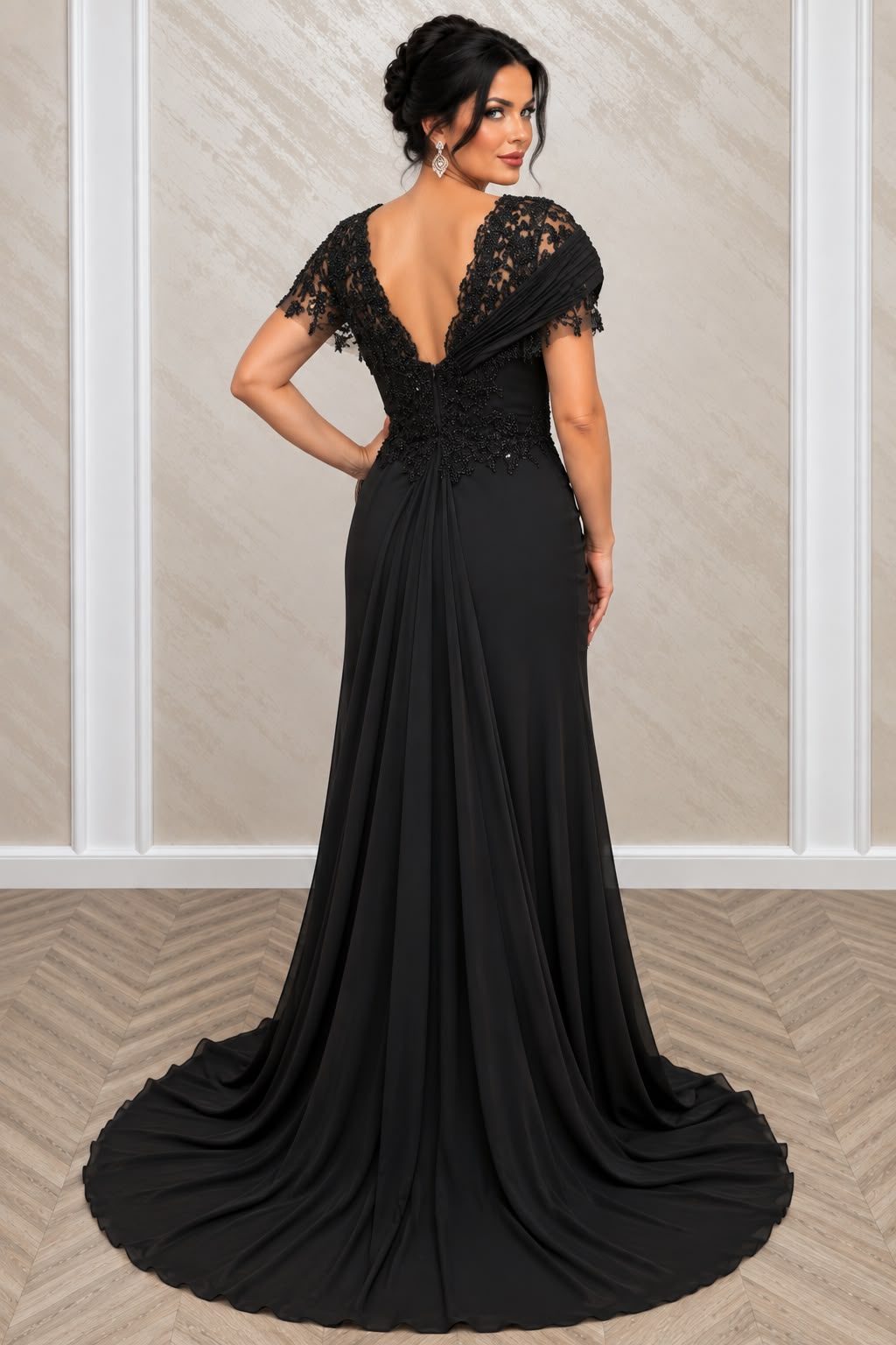 Rochie Maxer Eleganta cu Dantela Brodata si Trena – Negru/Bordo