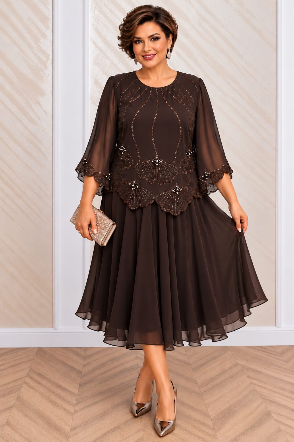 Rochia Ankara - Rochie lungime midi din triplu voal ciocolatiu cu paiete si perle
