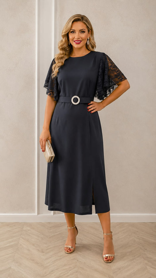Rochia Marimar – rochie eleganta din stofa cu maneci din dantela disponibila in trei culori