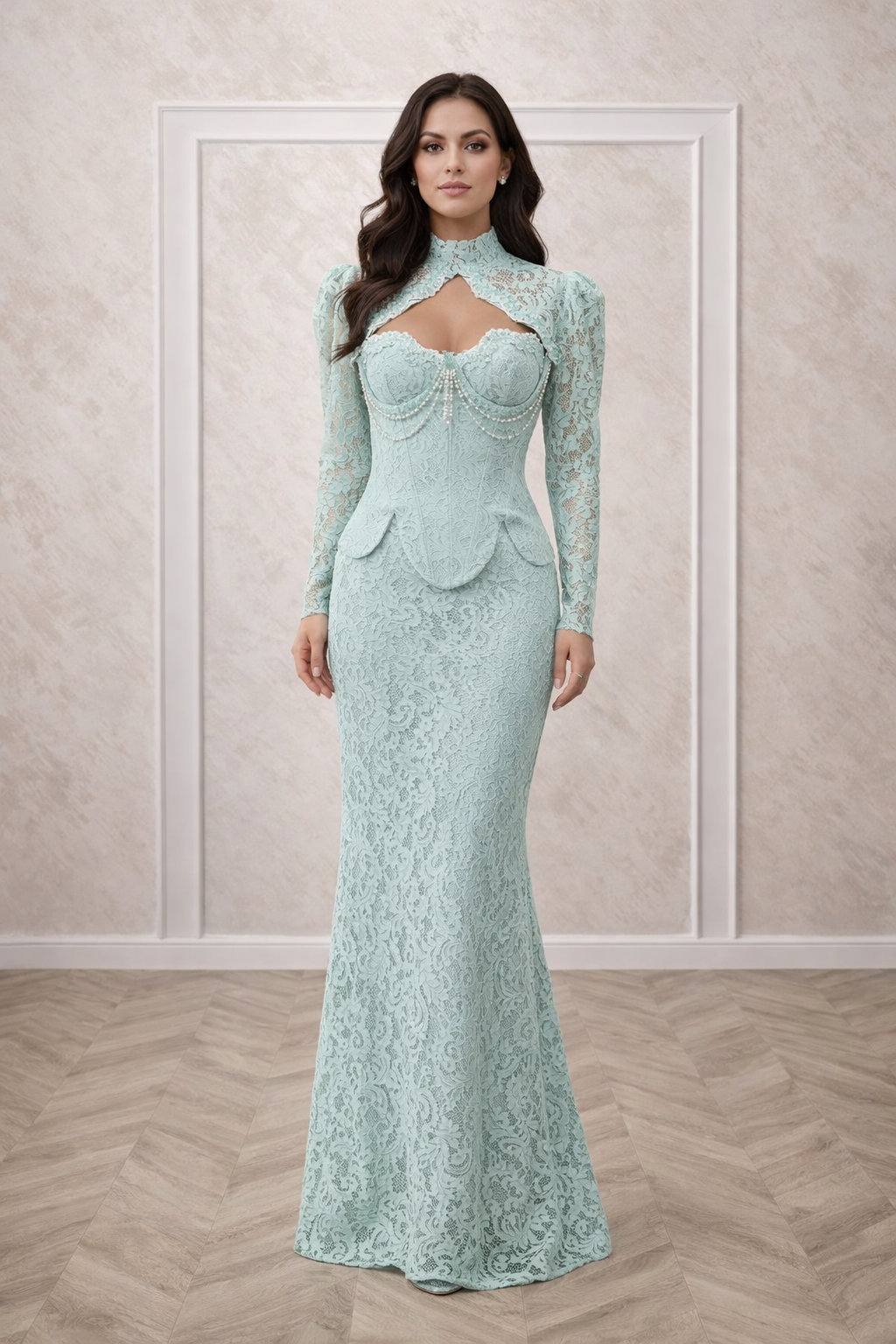 Rochia Tani rochie eleganta din dantela Chantilly cu corset si bolero detasabil verde menta