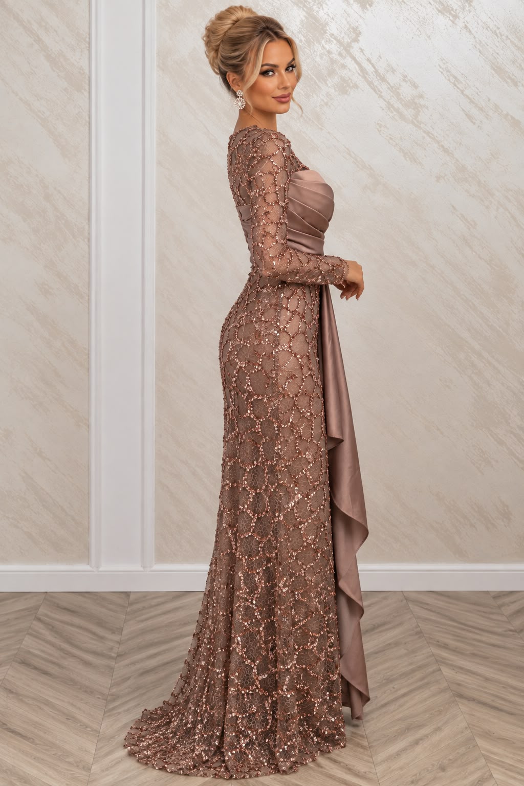 Rochie Belaria lunga cappuccino din dantela cu paiete