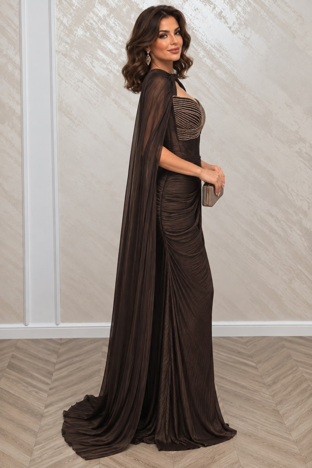 Rochie Londra din matase organica cu corset, capa si trena