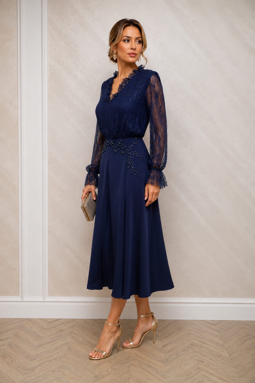 Rochia Vera – rochie midi eleganta cu dantela frantuzeasca Chantilly