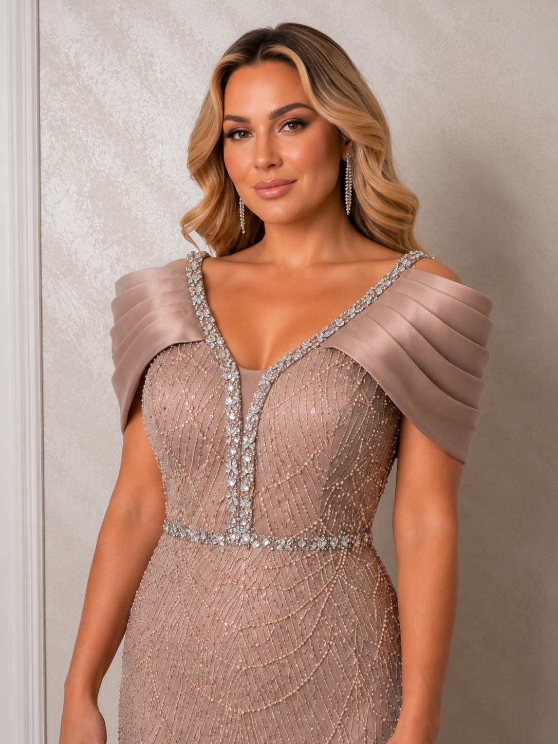 Rochia Aiana – rochie lunga eleganta cu corset reglabil si maneci off shoulder. Ideala pentru nunti , gale si evenimente premium.