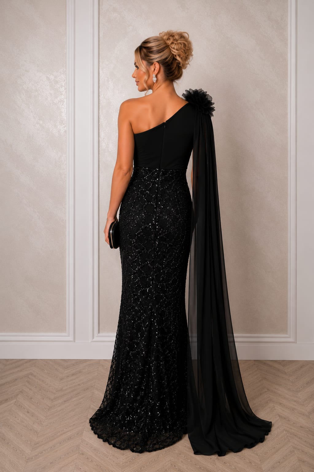 Rochia Elegance - rochie lunga neagra sau verde oliv-auriu couture cu paiete, esarfa si detalii premium. Perfecta pentru evenimente speciale