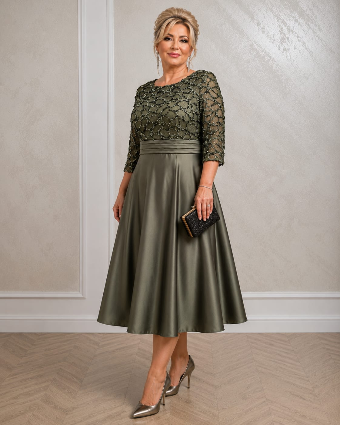 Rochie Dixi – Rochie eleganta din satin pentru doamne Plus Size, cu bust din dantela si maneca scurta