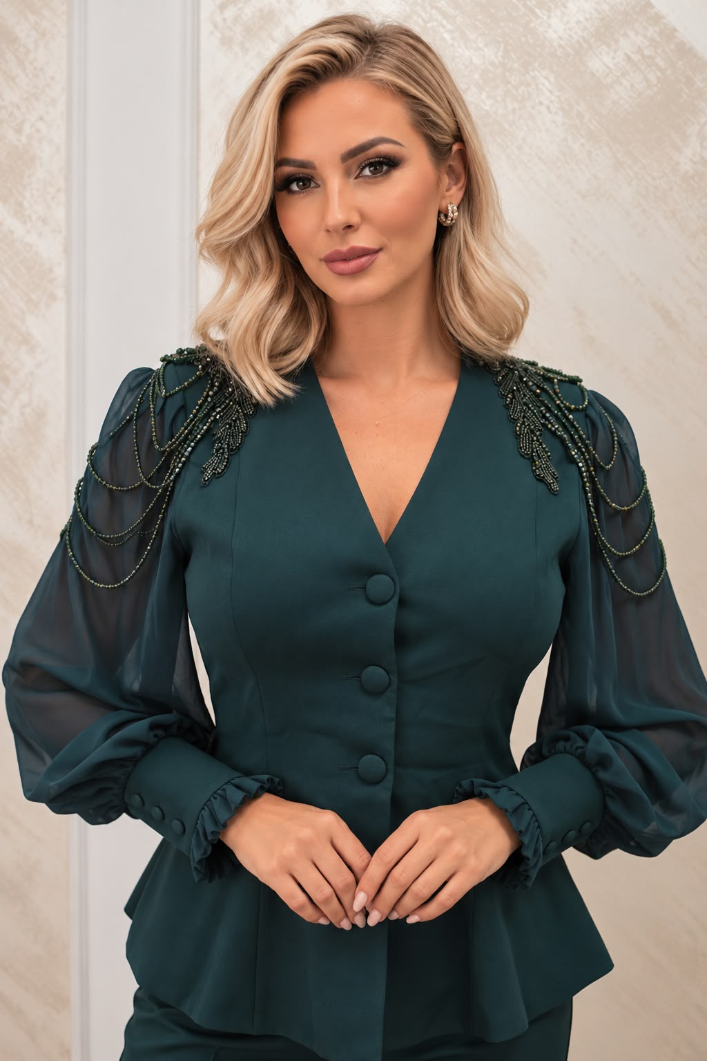 Costum Monica Elegant cu Pantaloni și Aplicatii din Margele