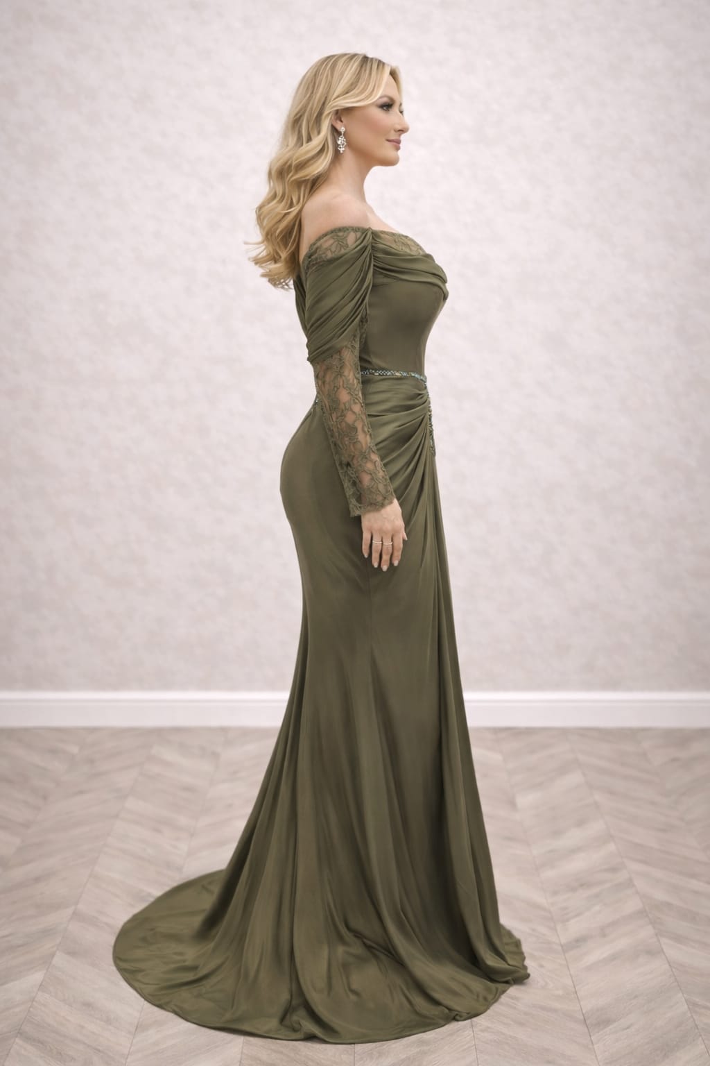 Rochia Patricia negru sau verde oliv – Rochie eleganta din satin cu dantela si drapaje sofisticate