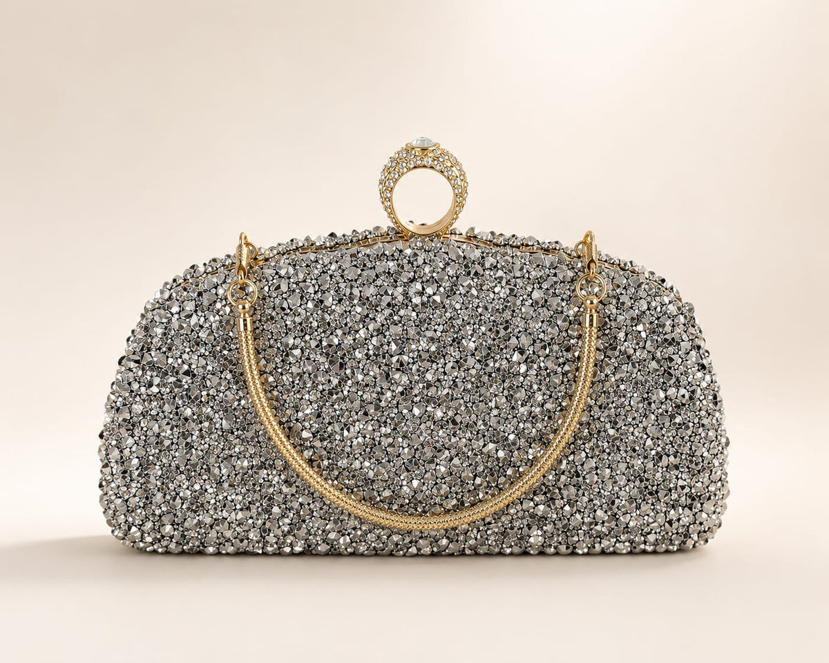 Clutch argintiu cu cristale si accesorii aurii – Poseta Eleganta de ocazie