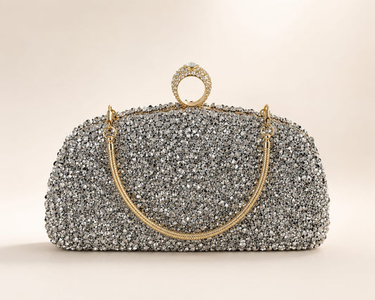 Clutch argintiu cu cristale si accesorii aurii – Poseta Eleganta de ocazie