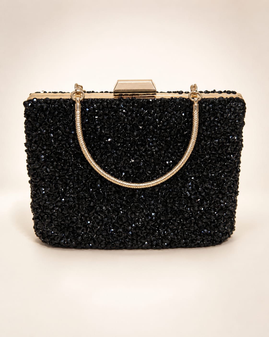 Clutch negru cu cristale si accesorii aurii – geanta eleganta de ocazie cu maner si lant