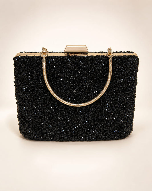 Clutch negru cu cristale si accesorii aurii – geanta eleganta de ocazie cu maner si lant