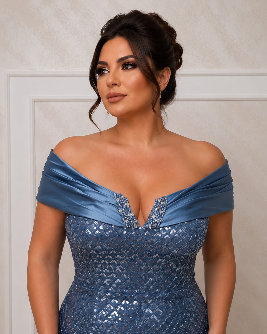 Rochia Zeila - rochie din dantela cu perle si bretele off the shoulder corset reglabil