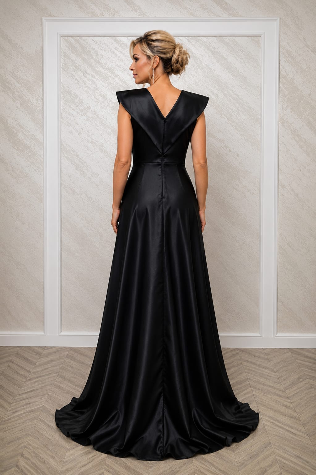 Rochia Lorena – Rochie eleganta lunga in nuante capuccino , negru , turcoaz din satin cu slit pe picior