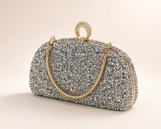 Clutch argintiu cu cristale si accesorii aurii – Poseta Eleganta de ocazie