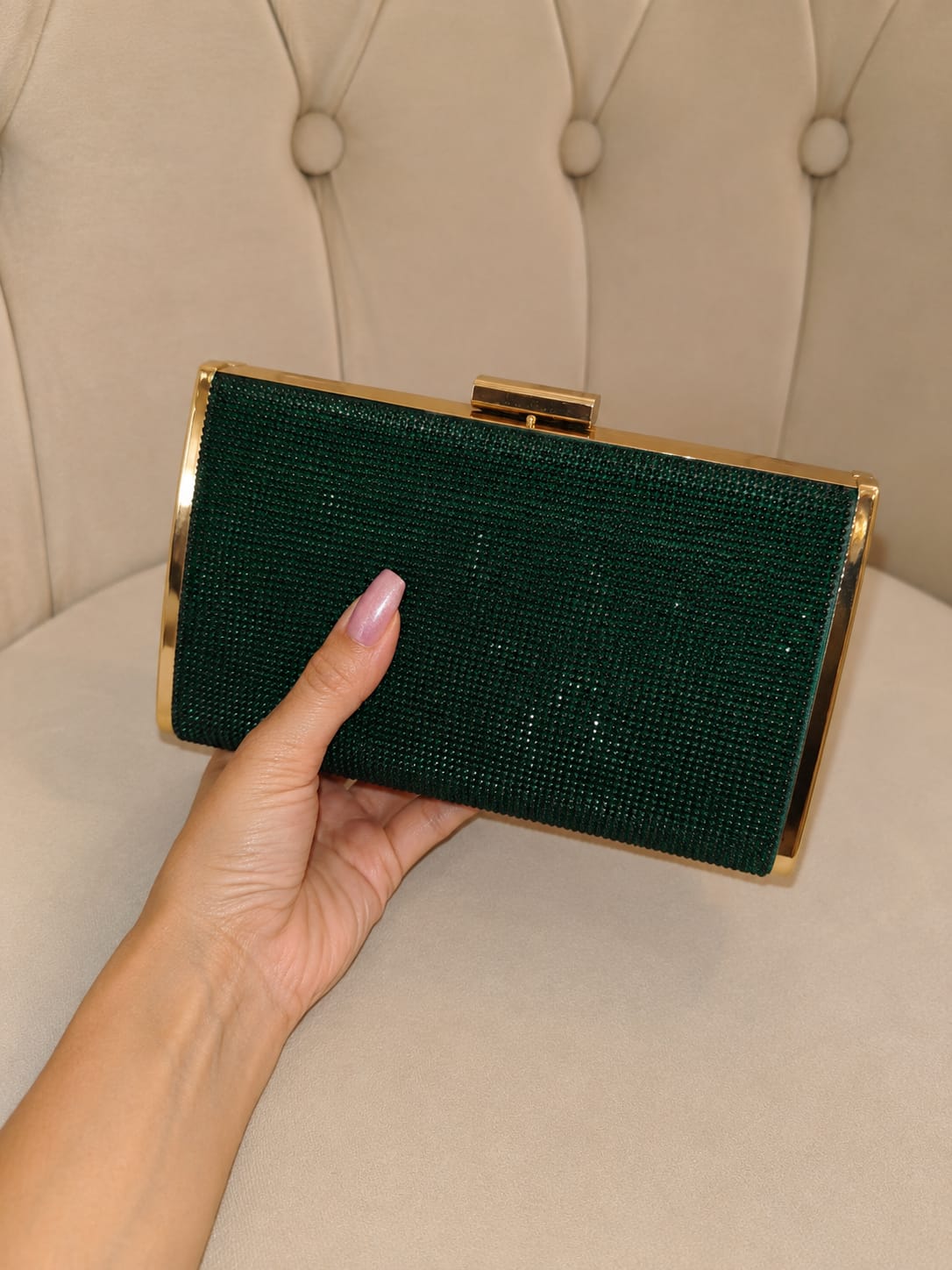 Geanta Clutch verde smarald cu strassuri