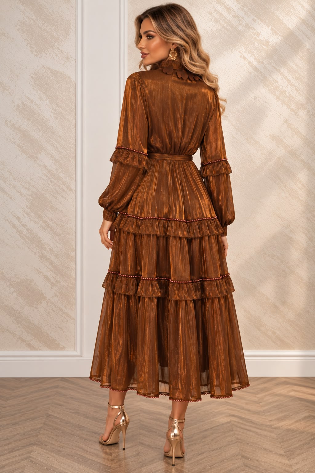 Rochia Serpil - rochie nuanta caramizie lungime midi-maxi din matase