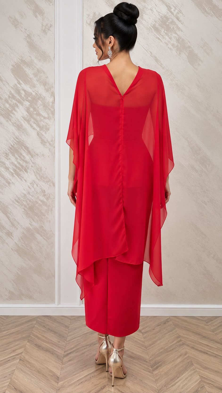 Rochie Motif midi rosie cu capa detasabila