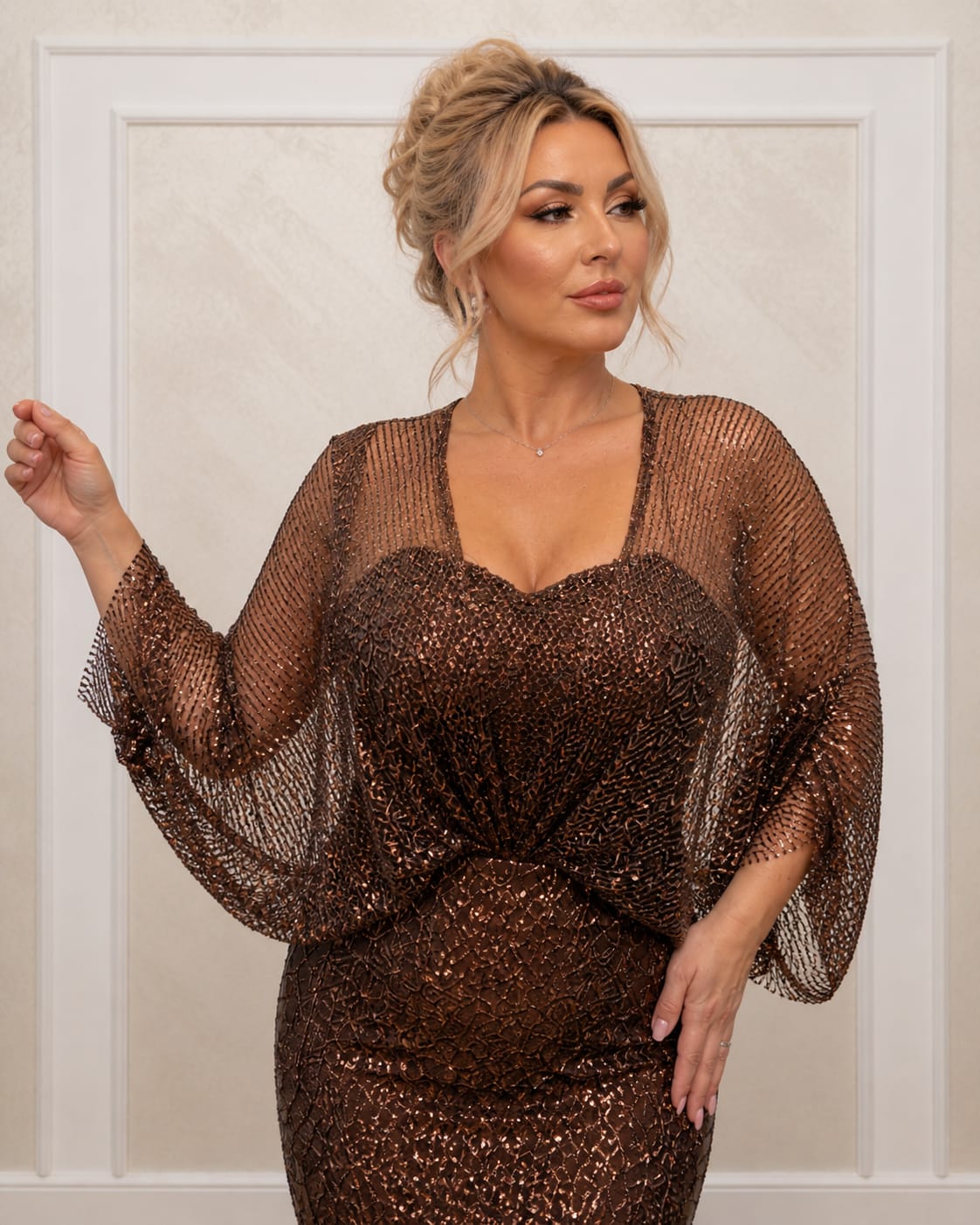 Rochia France – Rochie Lunga Tip Sirena cu Paiete si Maneci Vaporoase