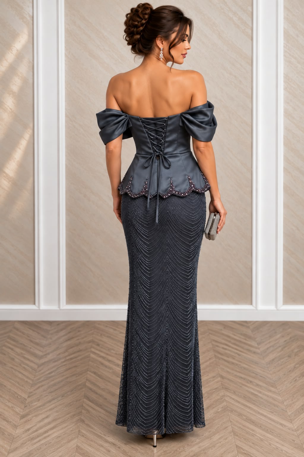 Rochie Odrelia - Rochie lunga sirena cu corset reglabil si perle - Gri