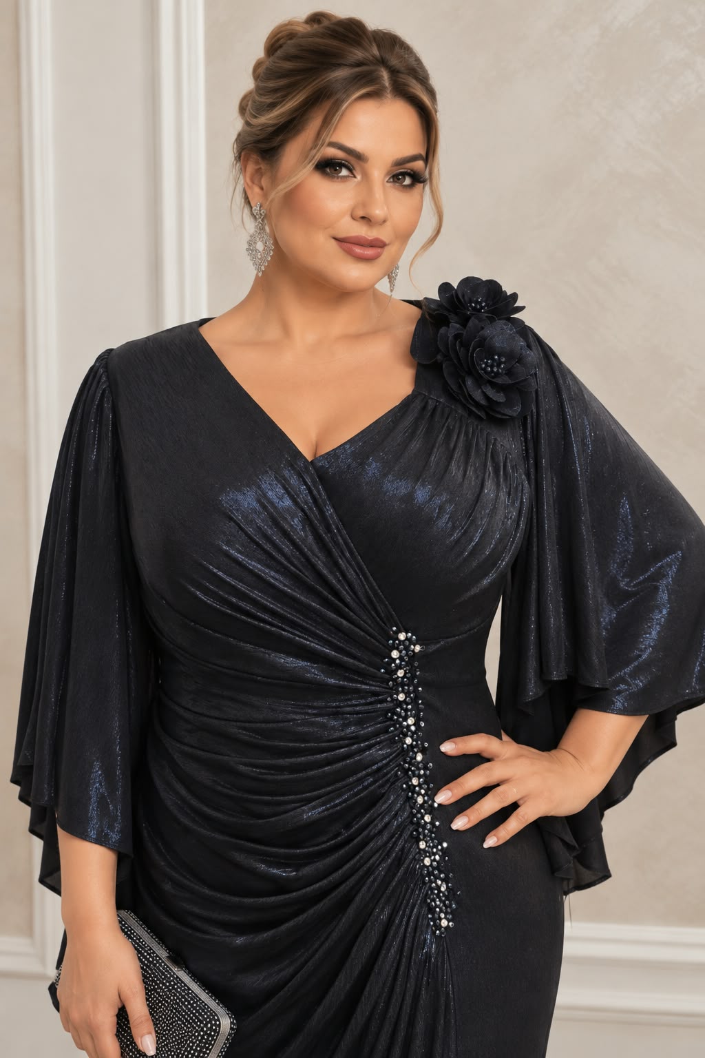 Rochie Napoli - Rochie lunga de seara plus size cu drapaje  Bleumarin Metalizat