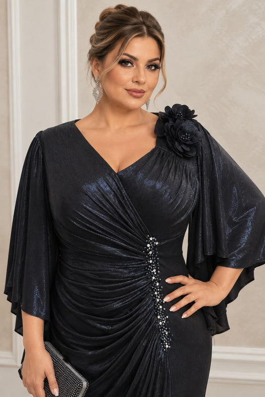 Rochie Napoli - Rochie lunga de seara plus size cu drapaje  Bleumarin Metalizat