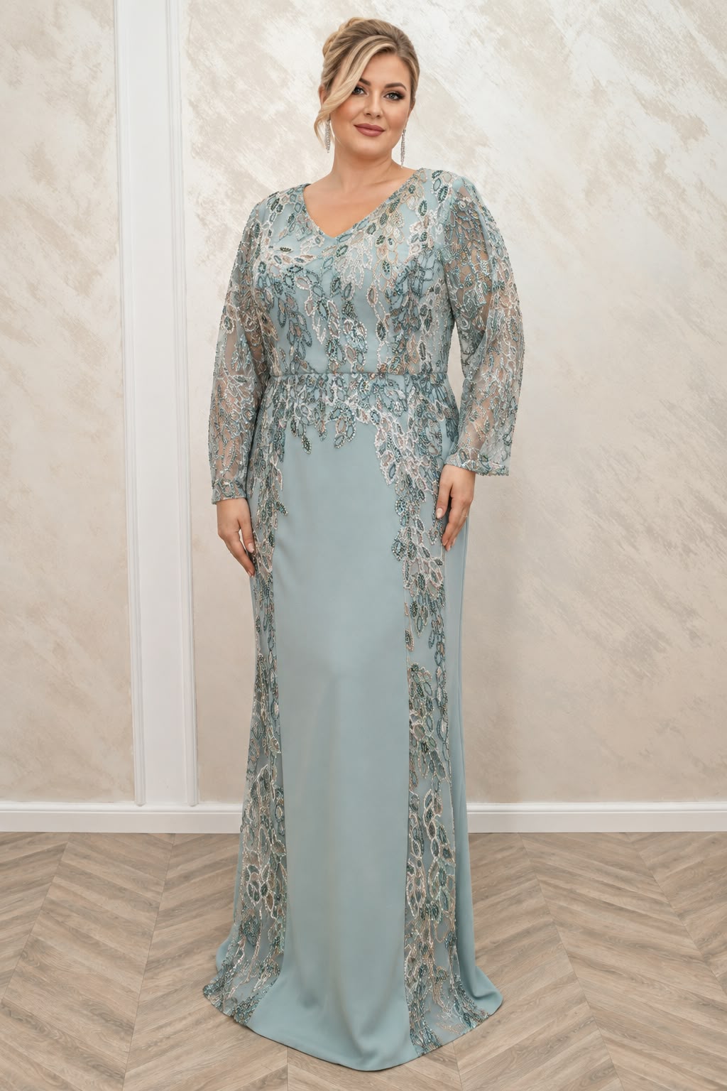 Rochie de seara lunga verde menta cu dantela multicolora