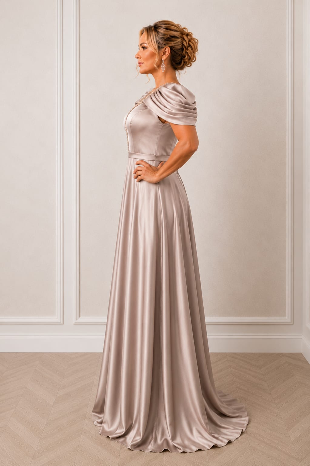 Rocia Lonicera - Rochie lunga simpla din satin cu drapaje peste brate disponibila in 3 nuante