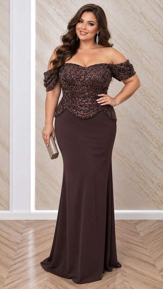 Rochie Ciocolatte lunga sirena cu corset perlat si bretele off shoulder