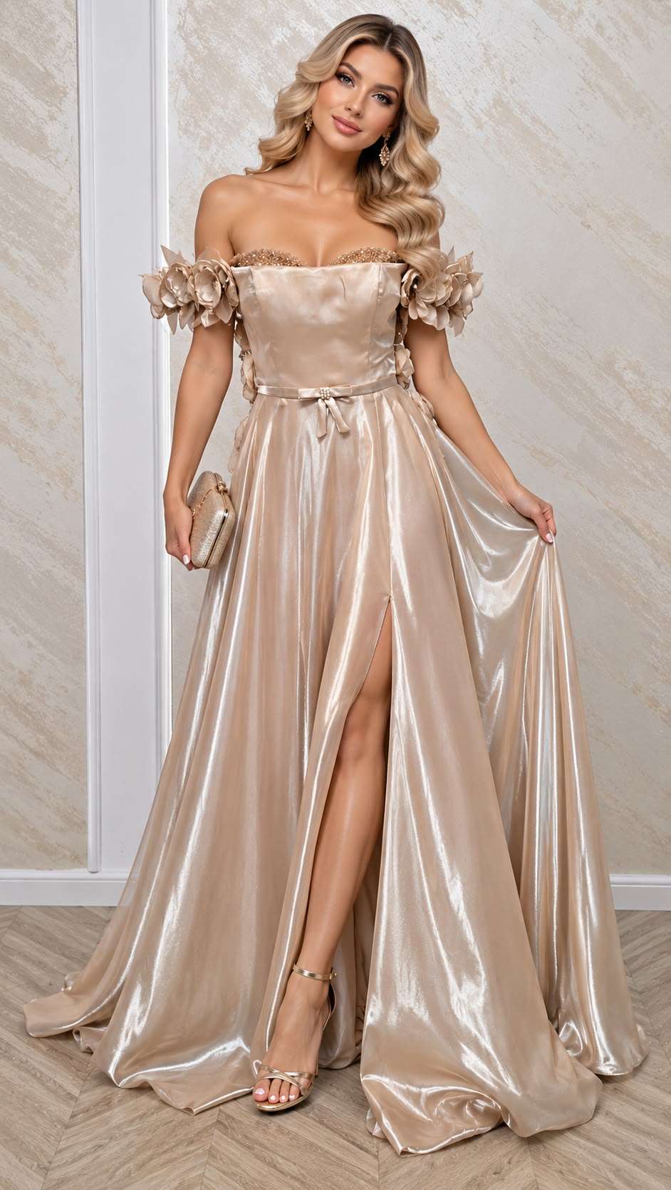 Rochie Floria lunga din satin cu corset si flori 3D