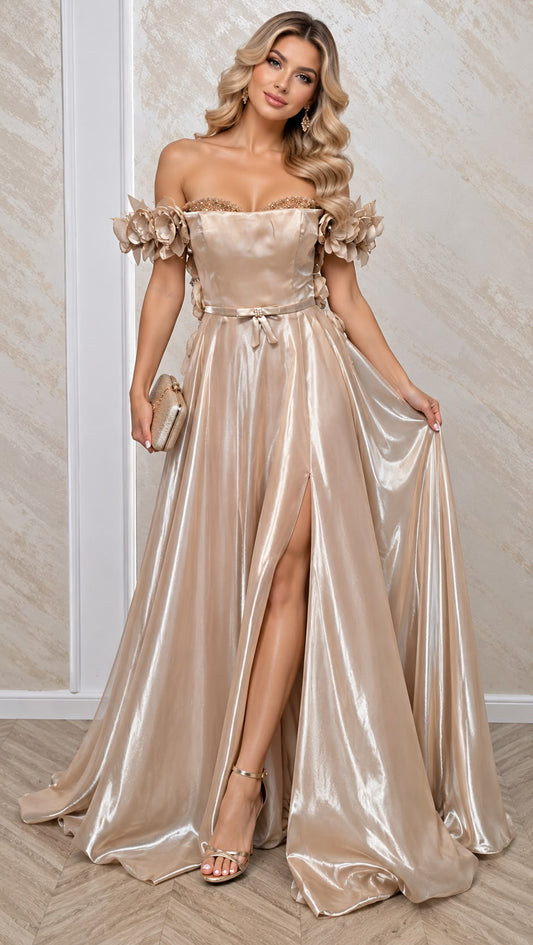 Rochie Floria lunga din satin cu corset si flori 3D