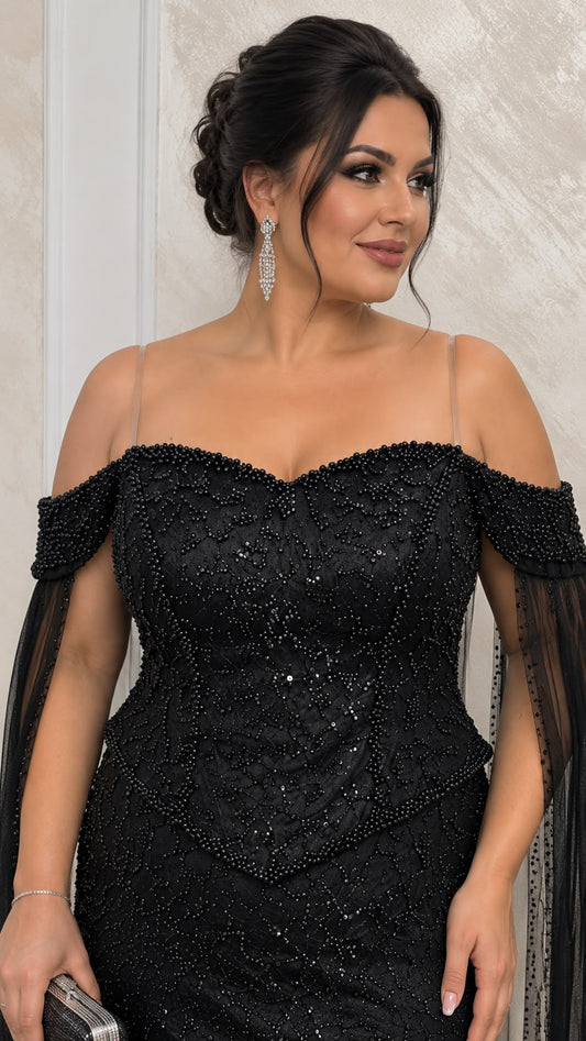 Rochia Nedel- Rochie lunga de seara neagra cu corset din dantela