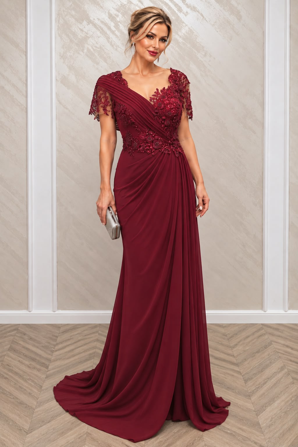 Rochie Maxer Eleganta cu Dantela Brodata si Trena – Negru/Bordo