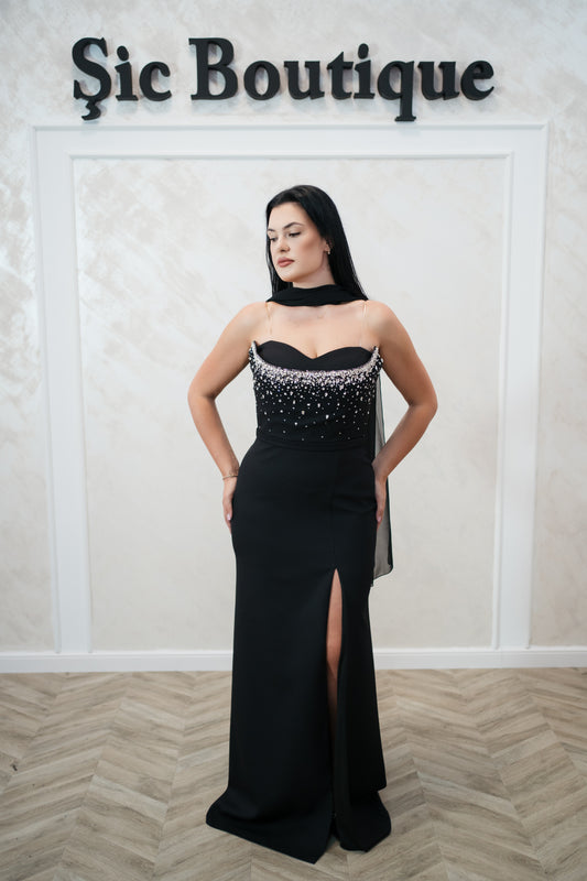 Rochie de seara Alis Black – Eleganta clasica cu corset dublu și detalii din cristale