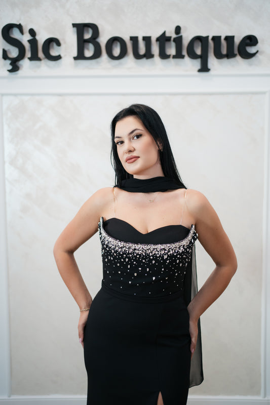 Rochie de seara Alis Black – Eleganta clasica cu corset dublu și detalii din cristale