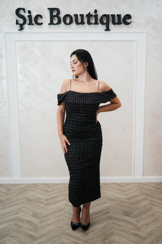 Rochia Ely – Rochie Midi Eleganta din Material Sclipitor cu Plasa în Carouri Mari