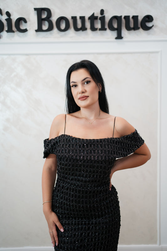 Rochia Ely – Rochie Midi Eleganta din Material Sclipitor cu Plasa în Carouri Mari