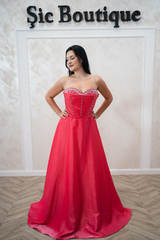 Rochia Barbie – Rochie de Seara din Satin Lichid cu Corset și Pietre Sclipitoare croi printesa
