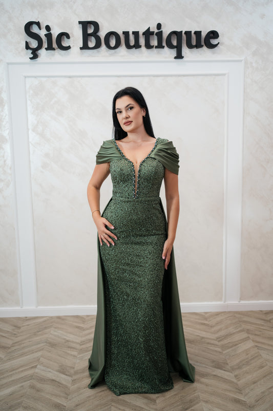 Rochia Beatrice – Rochie Eleganta Lunga din Dantela , Croi Sirena cu Trena și Umeri acoperiți