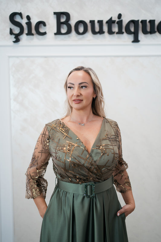 Rochia Venice – Rochie Lunga de Seara din Tafta Subtire, cu Dantela și Curea în Talie