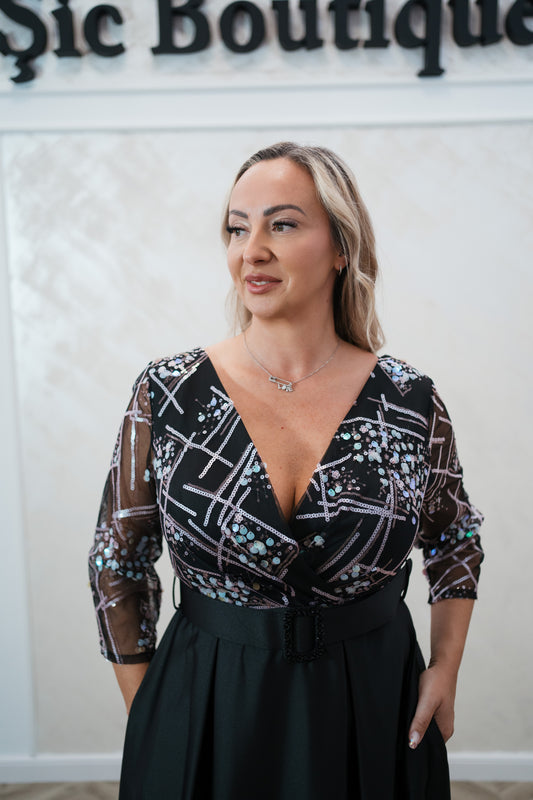 Rochia Venice – Rochie Lunga de Seara din Tafta Subtire, cu Dantela și Curea în Talie