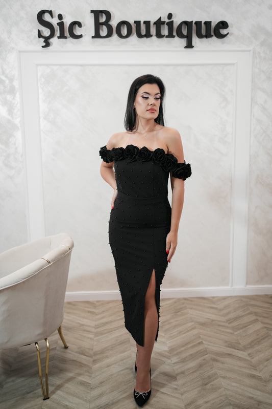 Rochia Black Roze – Rochie Eleganta Neagra cu Perle și Trandafiri 3D