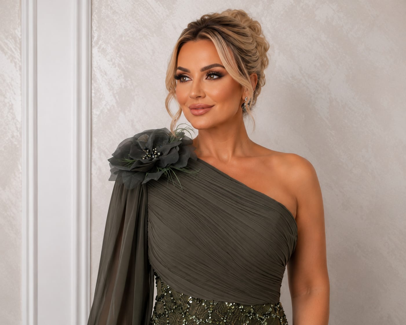Rochia Elegance - rochie lunga neagra sau verde oliv-auriu couture cu paiete, esarfa si detalii premium. Perfecta pentru evenimente speciale