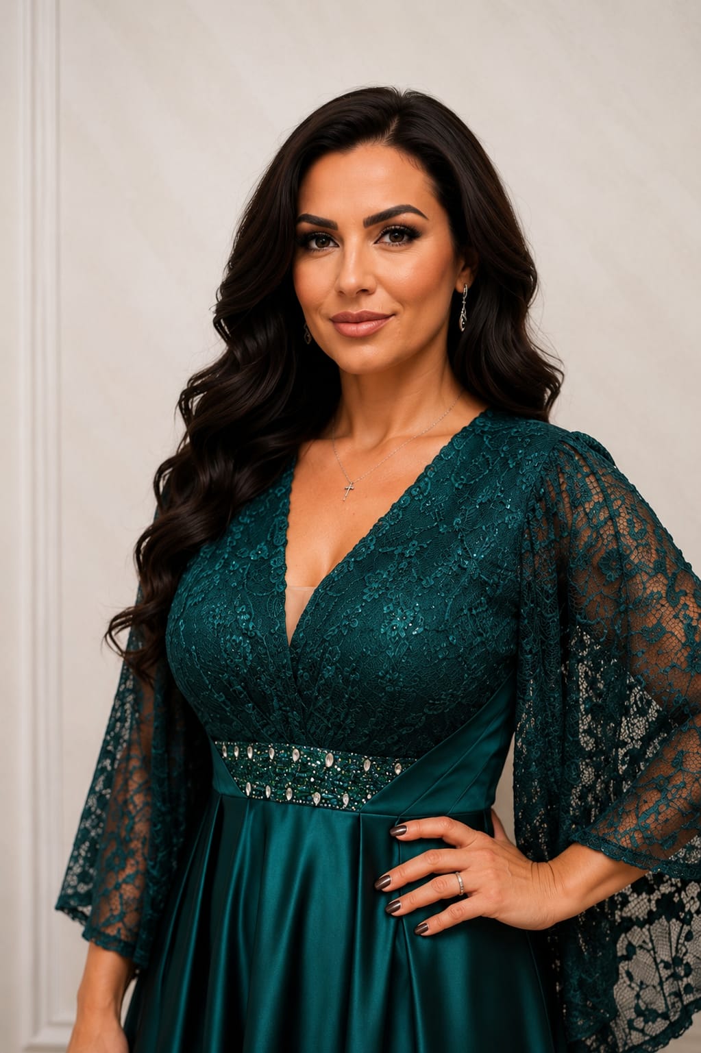 Rochia Male midi - Rochie lungime midi din satin si maneci din dantela