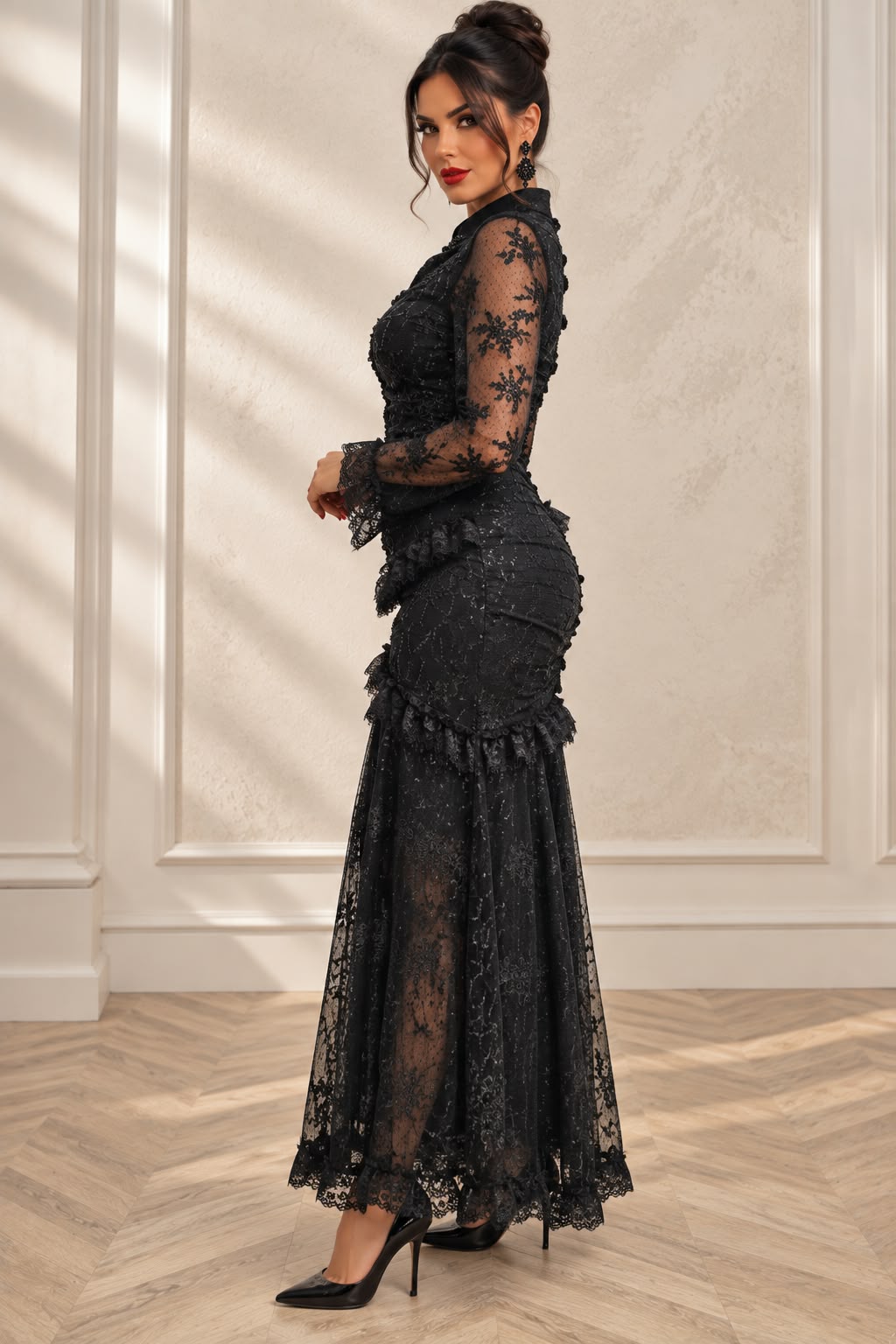 Rochia Suave neagra lunga din dantela Chantilly