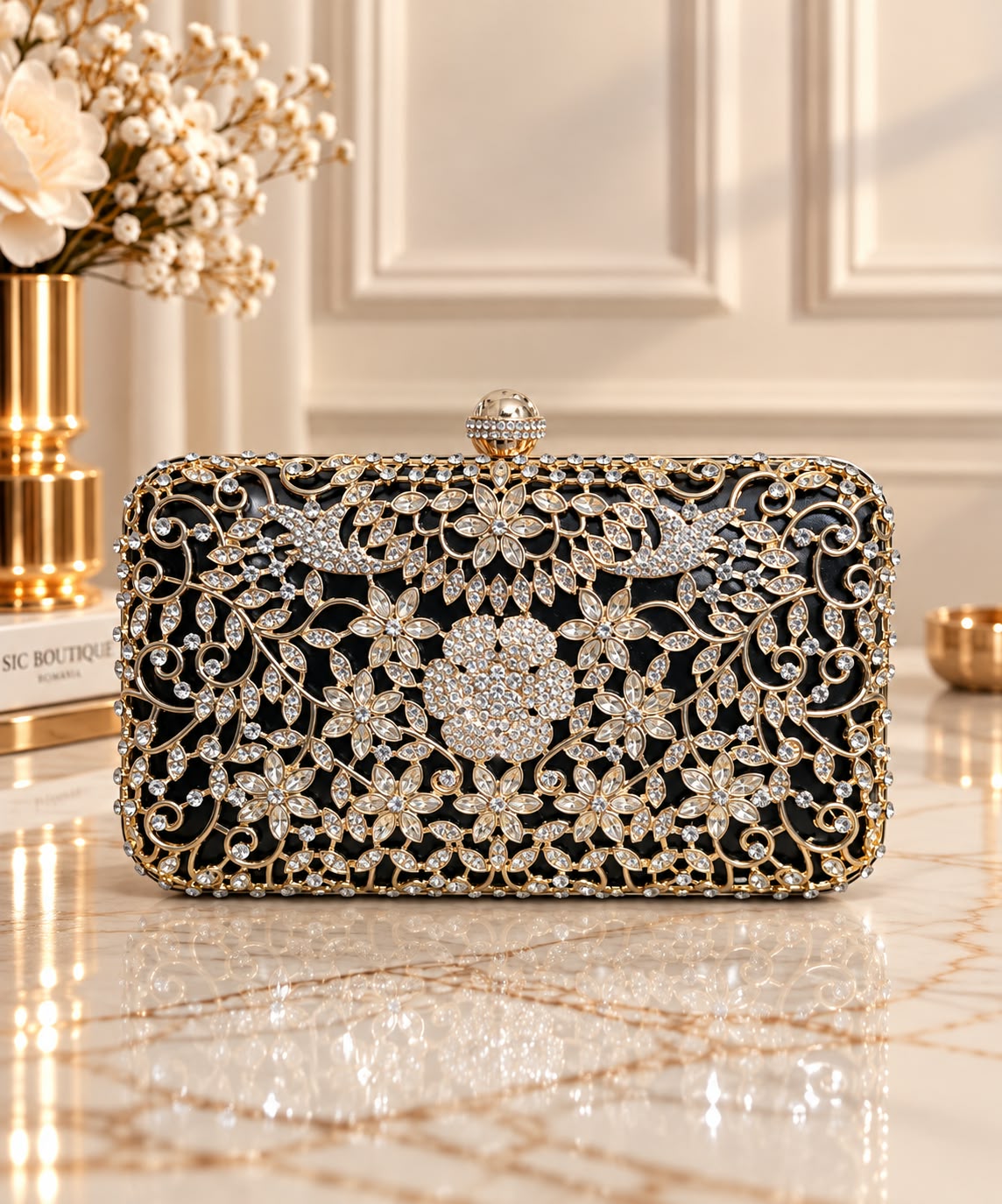 Geanta Clutch Neagra cu Broderie Aurie si Cristale